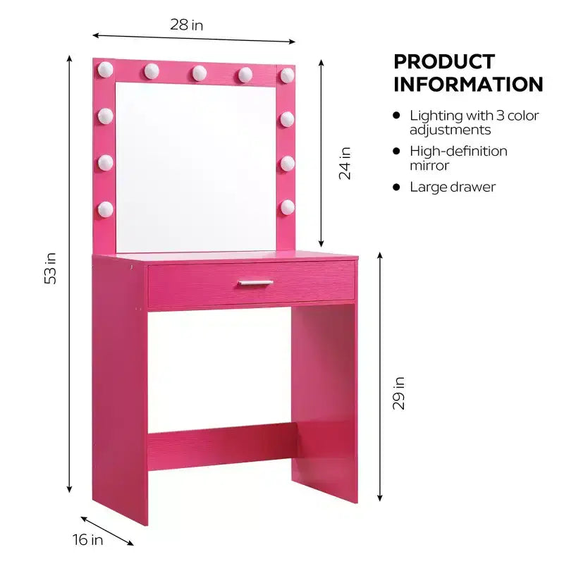 Vanity Table with Spacious Drawers and Lights, 3-Level Adjustable Brightness Lighting, Pink