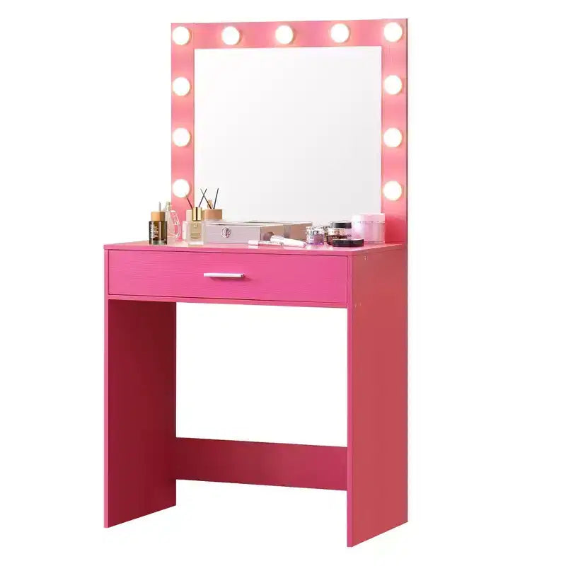 Vanity Table with Spacious Drawers and Lights, 3-Level Adjustable Brightness Lighting, Pink