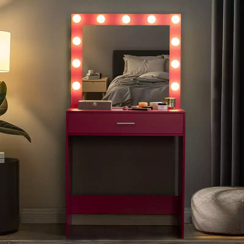 Vanity Table with Spacious Drawers and Lights, 3-Level Adjustable Brightness Lighting, Pink