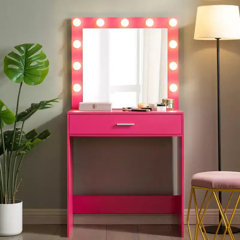 Vanity Table with Spacious Drawers and Lights, 3-Level Adjustable Brightness Lighting, Pink