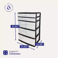 Extra-Wide Plastic Storage and Organizer Tower with 5 Clear Drawers for Home, Office, Classroom, Craft, Art Supplies, Clothes, Black Frame