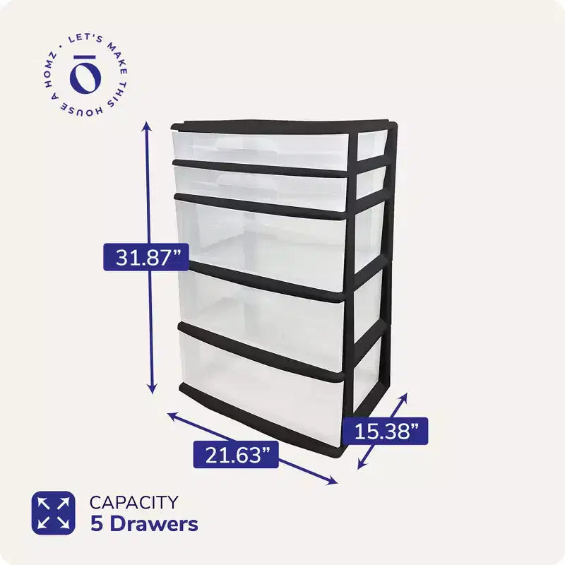 Torre organizer e contenitore in plastica extra-larga con 5 cassetti trasparenti per casa, ufficio, aula, artigianato, materiale artistico, vestiti, struttura nera