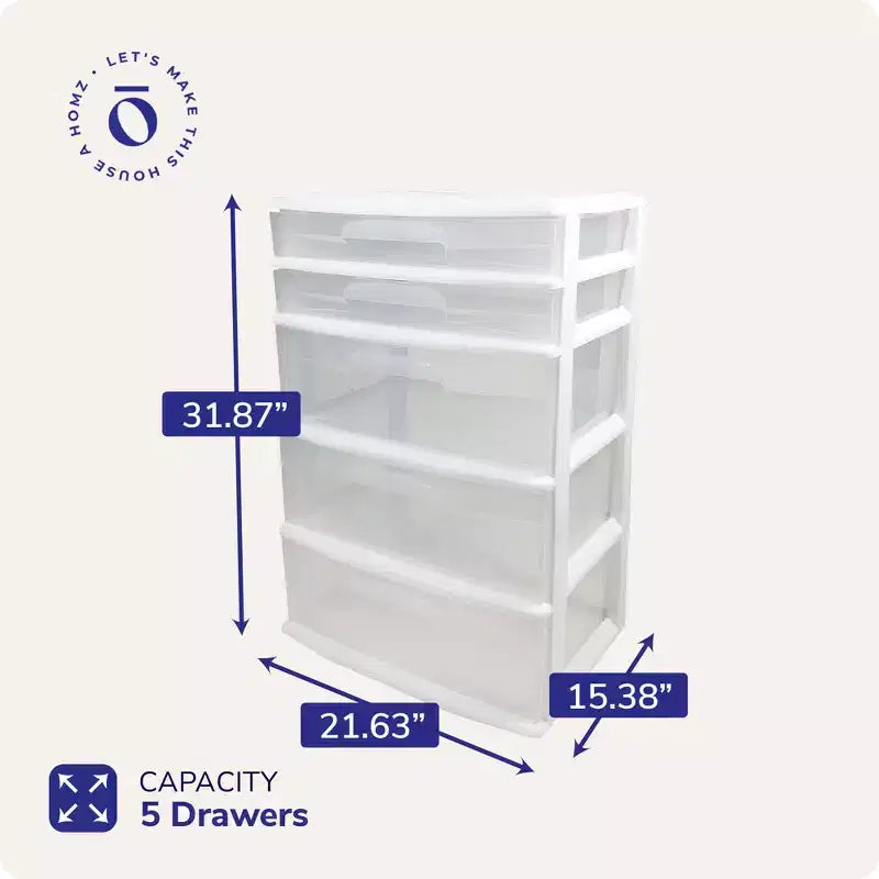 Extra-Wide Plastic Storage and Organizer Tower with 5 Clear Drawers for Home, Office, Classroom, Craft, Art Supplies, Clothes, White Frame