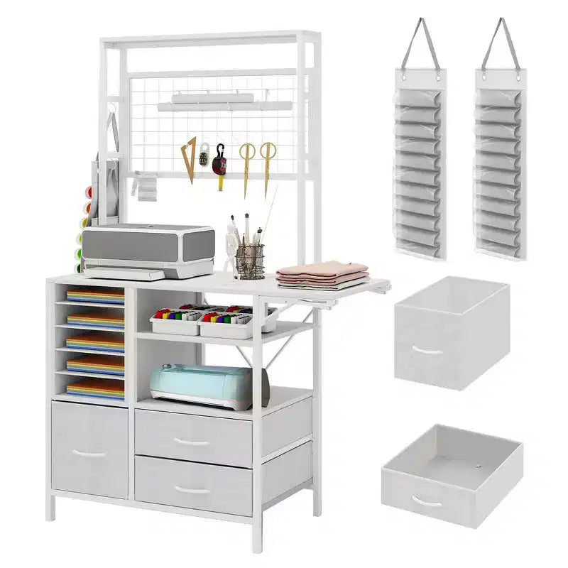 Craft Organizer Compatible with Cricut Machines, Craft Table with Folding Feature Large Craft Table with Drawer Stands