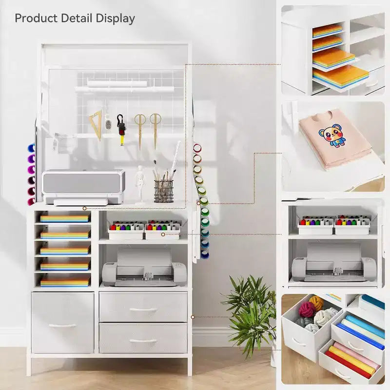 Craft Organizer Compatible with Cricut Machines, Craft Table with Folding Feature Large Craft Table with Drawer Stands