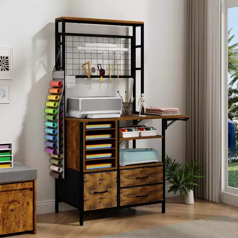 Organizzatore artigianale compatibile con le macchine Cricut, Tavolo artigianale con funzione pieghevole, Grande tavolo artigianale con supporto per cassetti