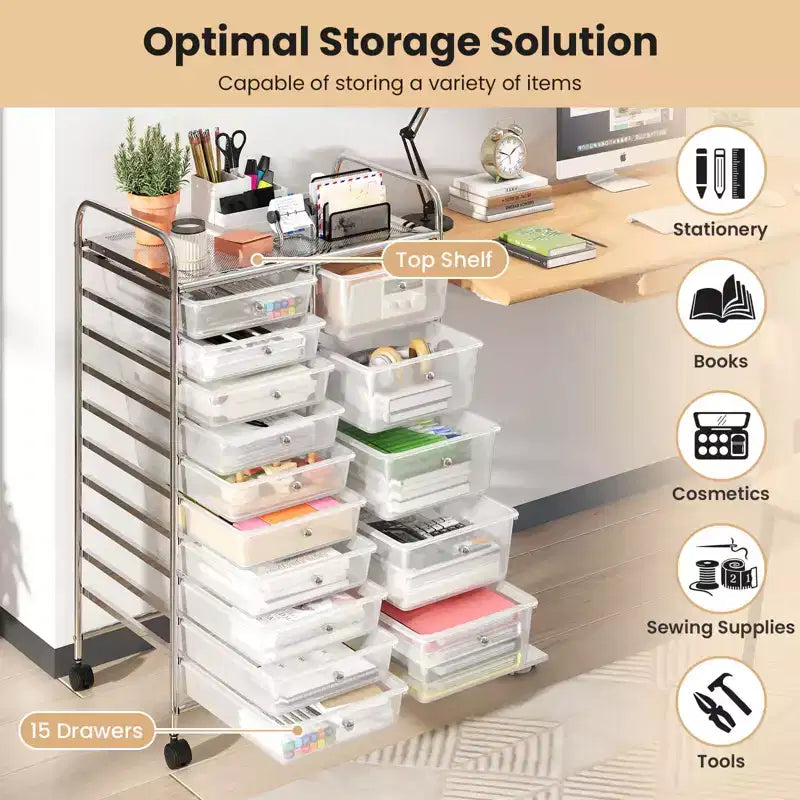 Carrello a 15 cassetti con struttura in metallo cromato e ruote universali bloccabili Bianco/Nero/Trasparente/Multicolore