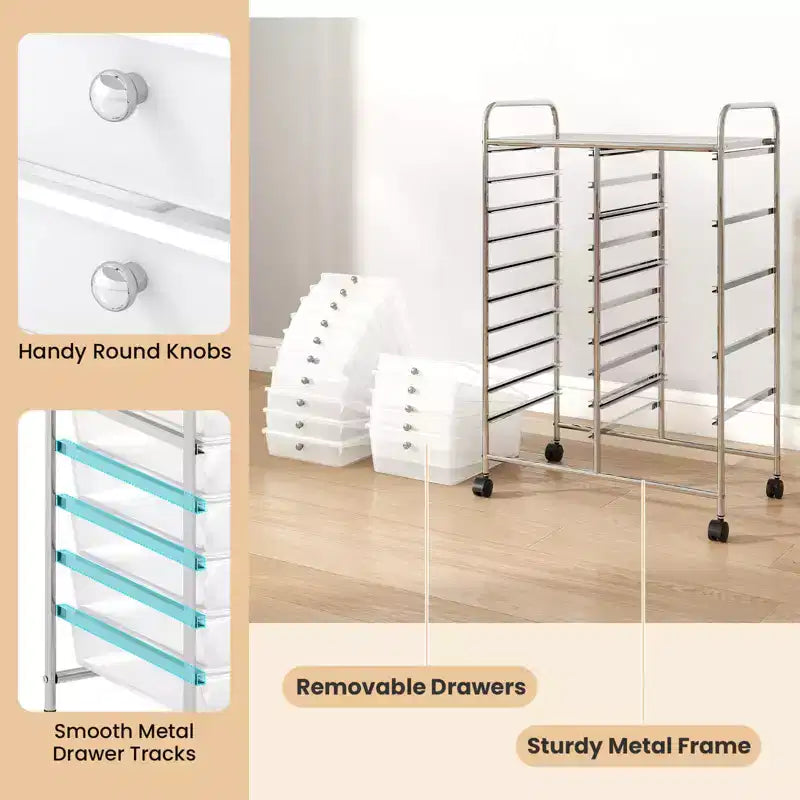 Carrello a 15 cassetti con struttura in metallo cromato e ruote universali bloccabili Bianco/Nero/Trasparente/Multicolore