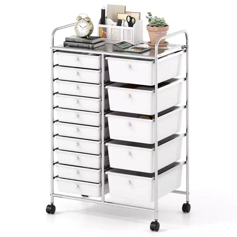 Carrello a 15 cassetti con struttura in metallo cromato e ruote universali bloccabili Bianco/Nero/Trasparente/Multicolore