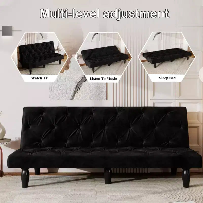 Loveseat Velvet Sofa Bed Transforms Seamlessly for Living Room Bedroom Apartment, Black