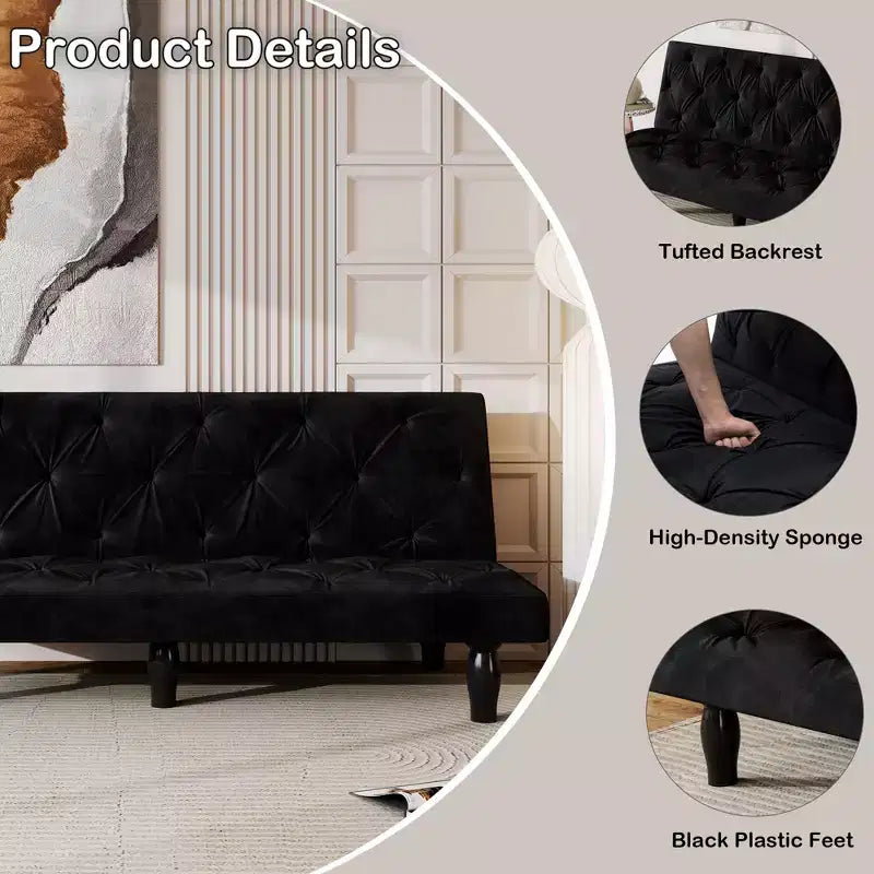 Loveseat Velvet Sofa Bed Transforms Seamlessly for Living Room Bedroom Apartment, Black