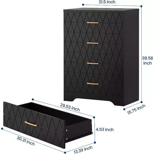 Comò in Legno a 4 Cassetti, Organizzatore Moderno con Maniglie in Metallo, Cassettiera Alta per Camera da Letto Soggiorno Ingresso