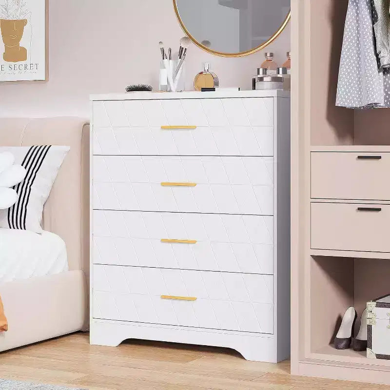 Comò in Legno a 4 Cassetti, Organizzatore Moderno con Maniglie in Metallo, Cassettiera Alta per Camera da Letto Soggiorno Ingresso