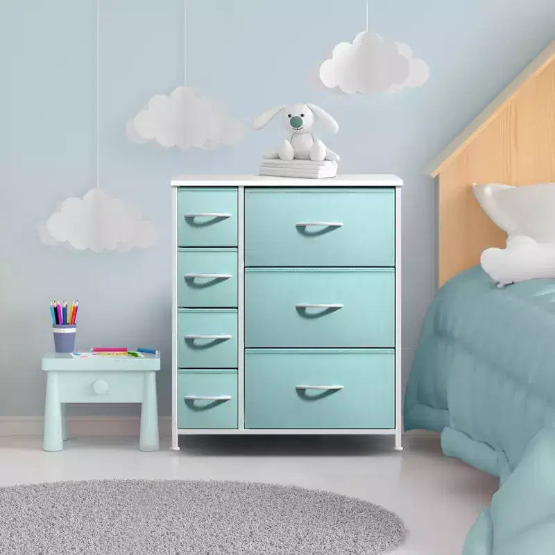 7 Drawers Dresser - Storage Chest Organizer with Steel Frame, Wood Top, Handles, Fabric Bins