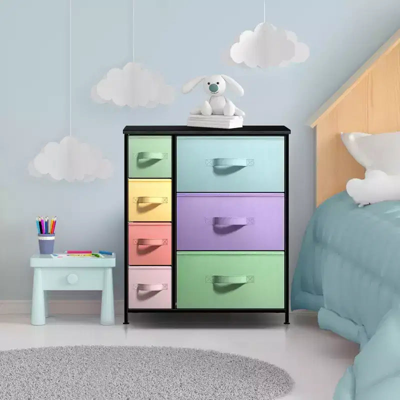7 Drawers Dresser - Storage Chest Organizer with Steel Frame, Wood Top, Handles, Fabric Bins