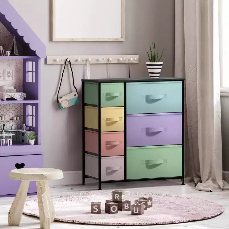7 Drawers Dresser - Storage Chest Organizer with Steel Frame, Wood Top, Handles, Fabric Bins