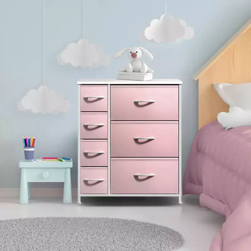 7 Drawers Dresser - Storage Chest Organizer with Steel Frame, Wood Top, Handles, Fabric Bins
