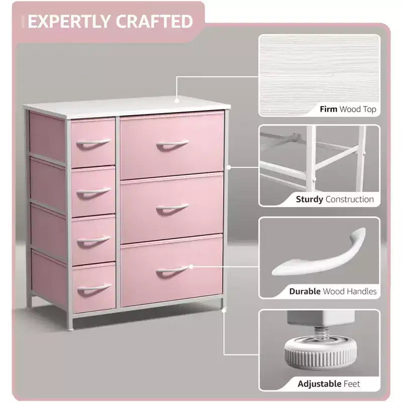 7 Drawers Dresser - Storage Chest Organizer with Steel Frame, Wood Top, Handles, Fabric Bins