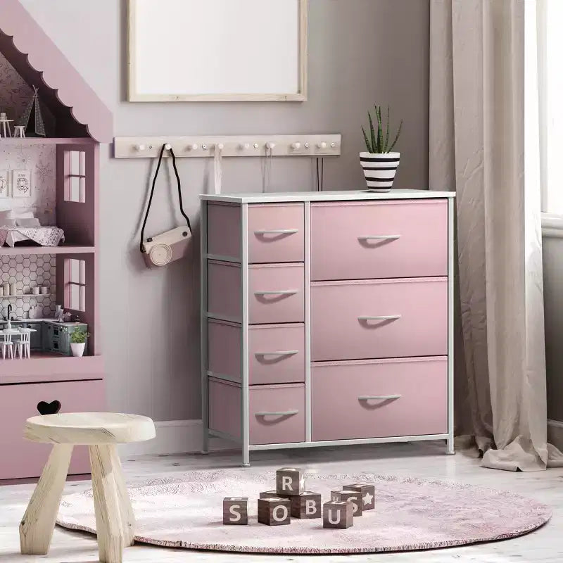 7 Drawers Dresser - Storage Chest Organizer with Steel Frame, Wood Top, Handles, Fabric Bins