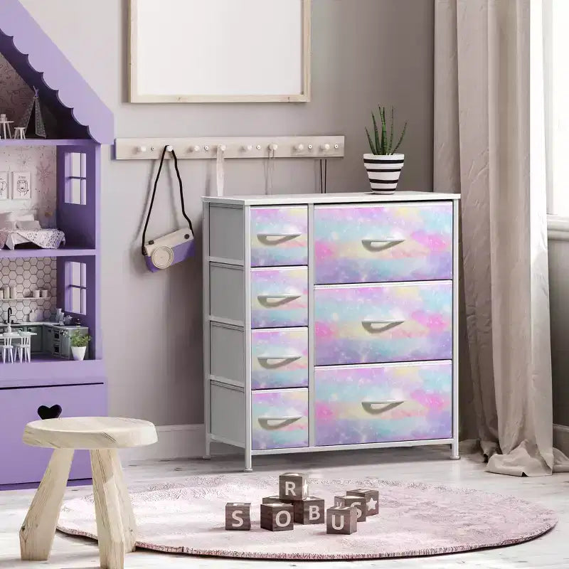 7 Drawers Dresser - Storage Chest Organizer with Steel Frame, Wood Top, Handles, Fabric Bins