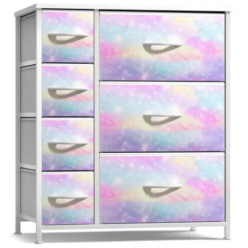7 Drawers Dresser - Storage Chest Organizer with Steel Frame, Wood Top, Handles, Fabric Bins