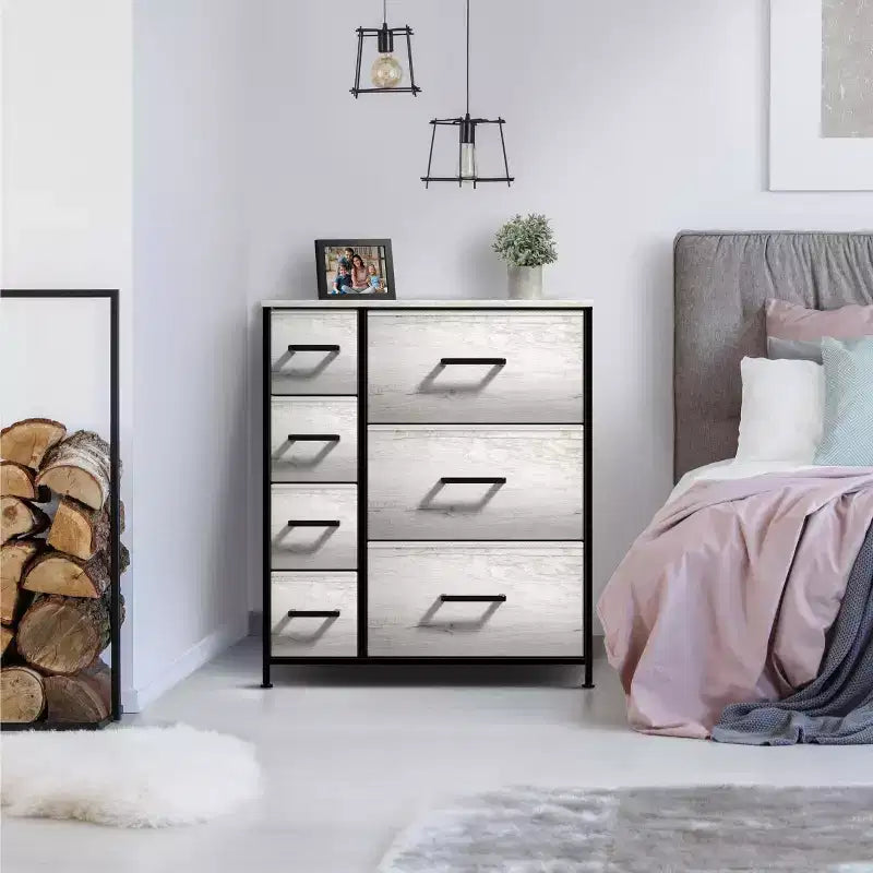7 Drawers Dresser - Storage Chest Organizer with Steel Frame, Wood Top, Handles, Fabric Bins