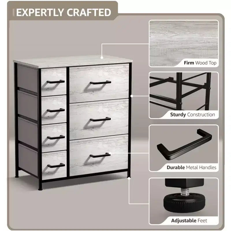 7 Drawers Dresser - Storage Chest Organizer with Steel Frame, Wood Top, Handles, Fabric Bins