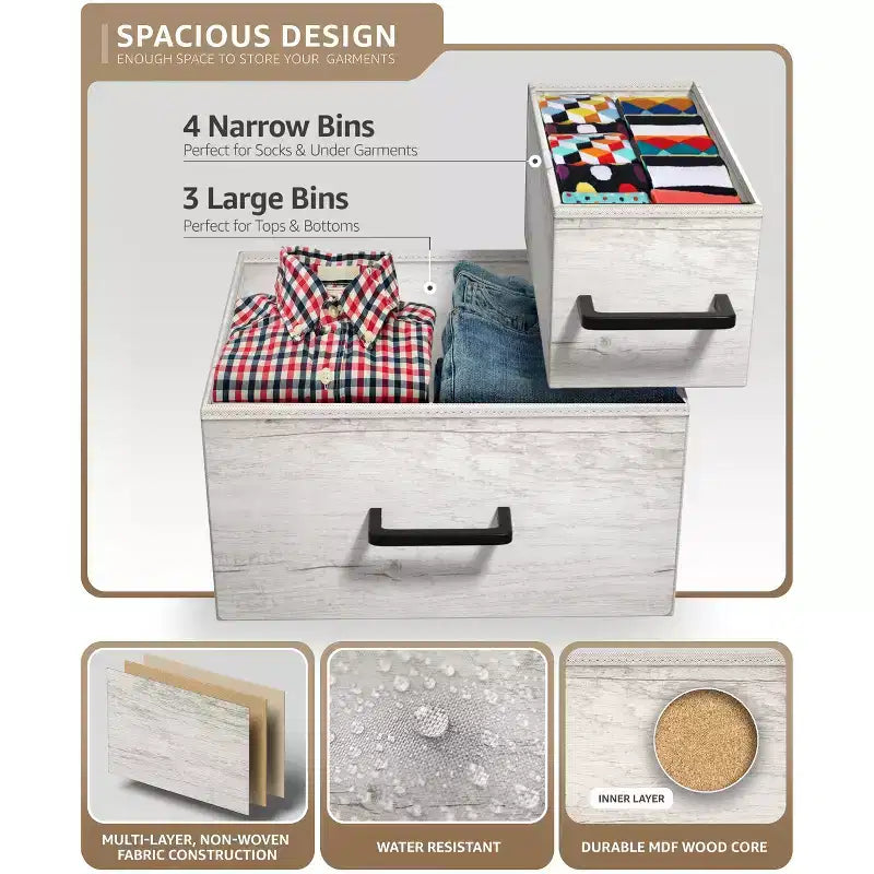 7 Drawers Dresser - Storage Chest Organizer with Steel Frame, Wood Top, Handles, Fabric Bins