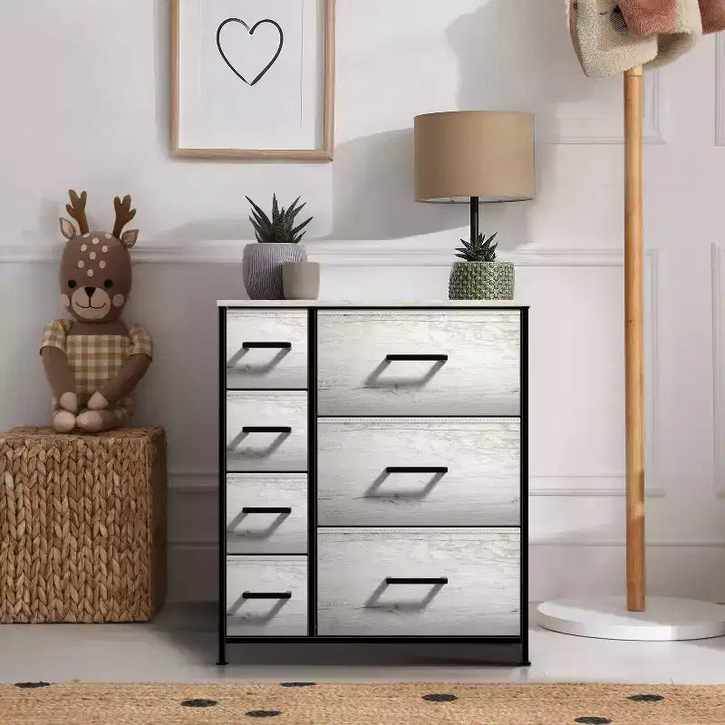 7 Drawers Dresser - Storage Chest Organizer with Steel Frame, Wood Top, Handles, Fabric Bins