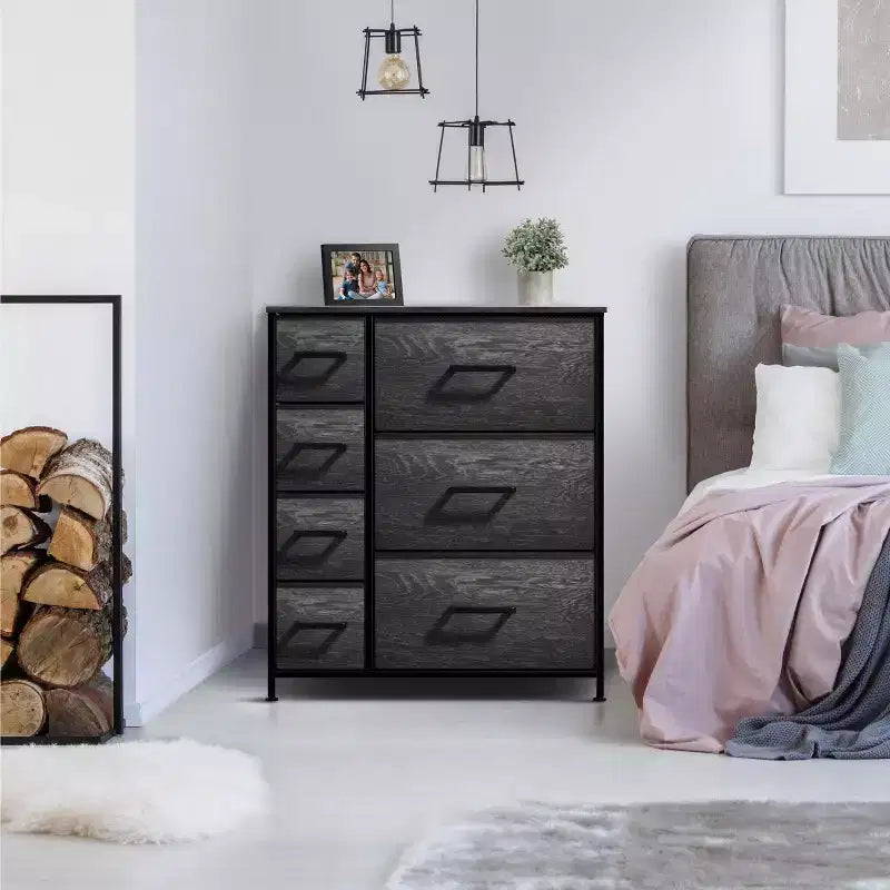 7 Drawers Dresser - Storage Chest Organizer with Steel Frame, Wood Top, Handles, Fabric Bins