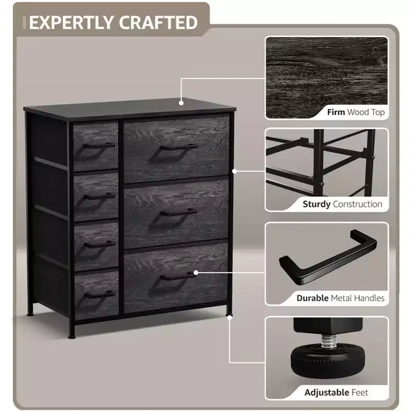 7 Drawers Dresser - Storage Chest Organizer with Steel Frame, Wood Top, Handles, Fabric Bins