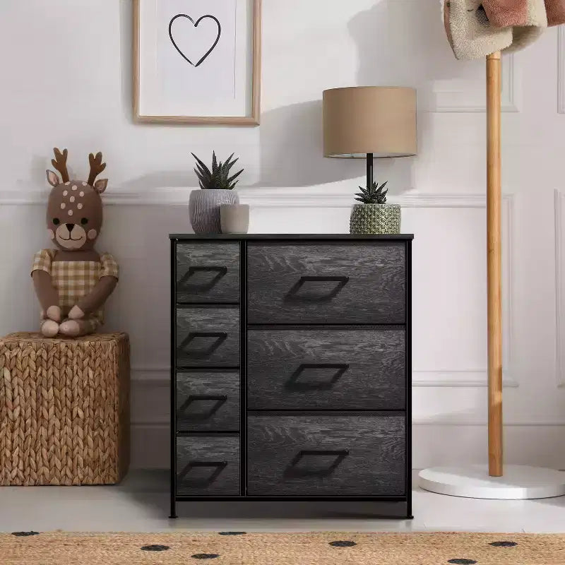 7 Drawers Dresser - Storage Chest Organizer with Steel Frame, Wood Top, Handles, Fabric Bins