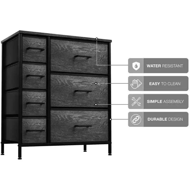 7 Drawers Dresser - Storage Chest Organizer with Steel Frame, Wood Top, Handles, Fabric Bins