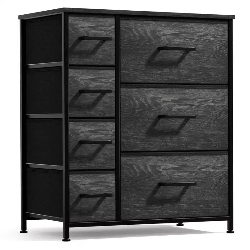 Cassettiera a 7 cassetti - Contenitore salvaspazio con telaio in acciaio, piano in legno, maniglie, cassetti in tessuto