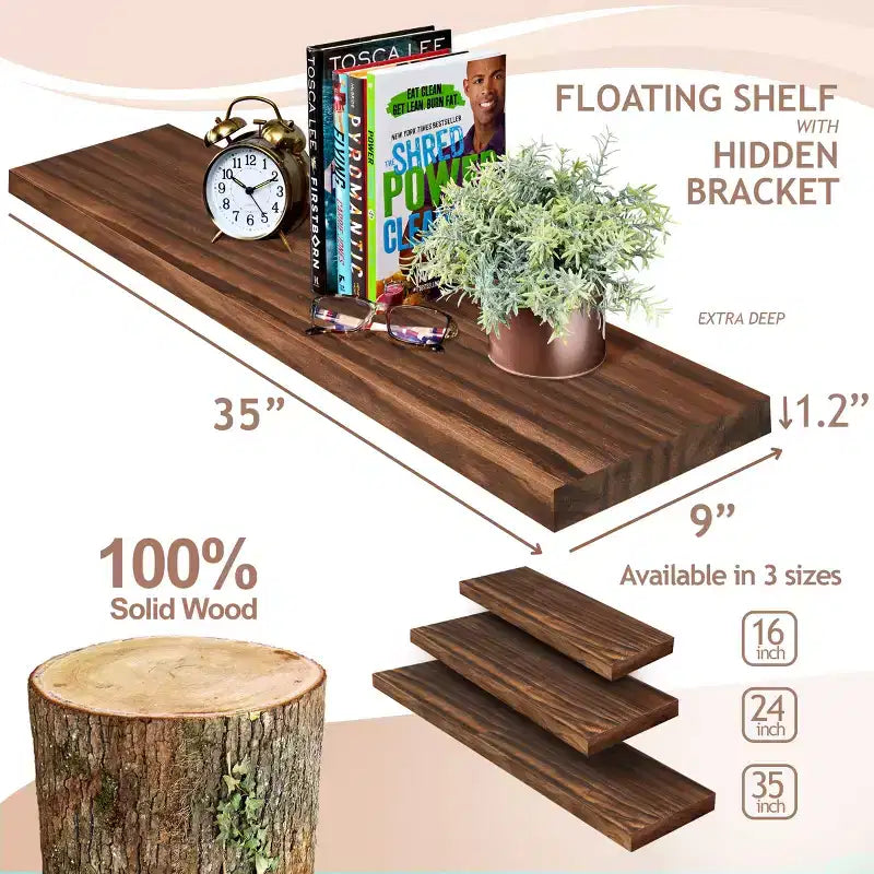 Solid Wood Floating Shelves - for Bathroom Decor, Books, Bedroom & Living Room