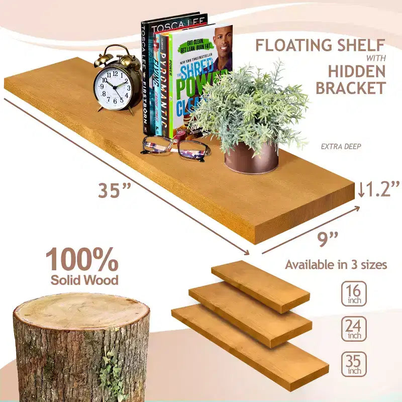Solid Wood Floating Shelves - for Bathroom Decor, Books, Bedroom & Living Room