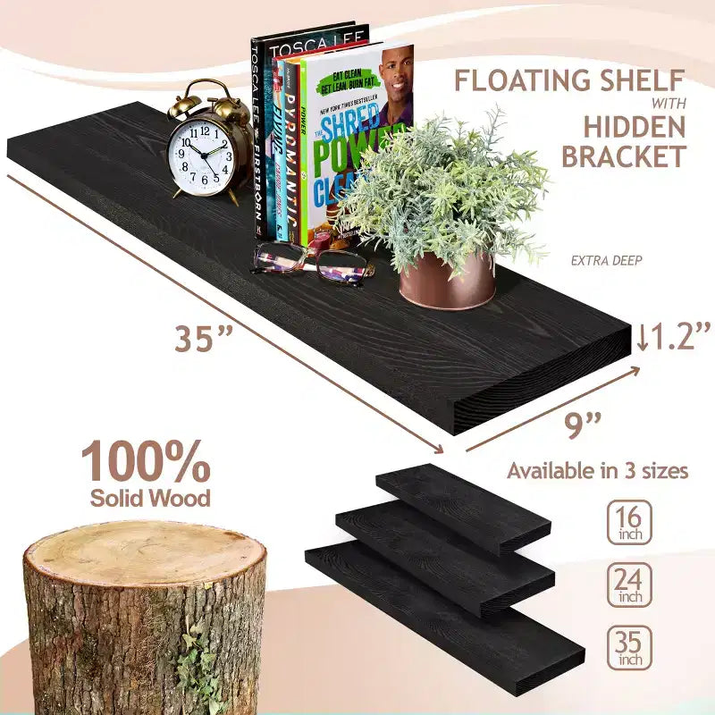 Solid Wood Floating Shelves - for Bathroom Decor, Books, Bedroom & Living Room