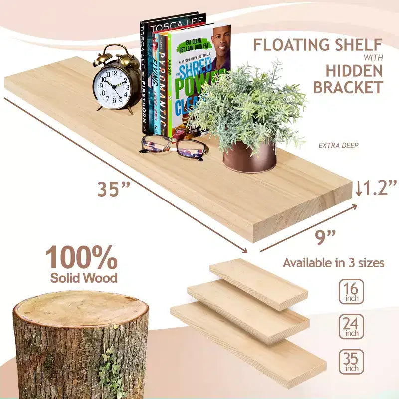 Solid Wood Floating Shelves - for Bathroom Decor, Books, Bedroom & Living Room