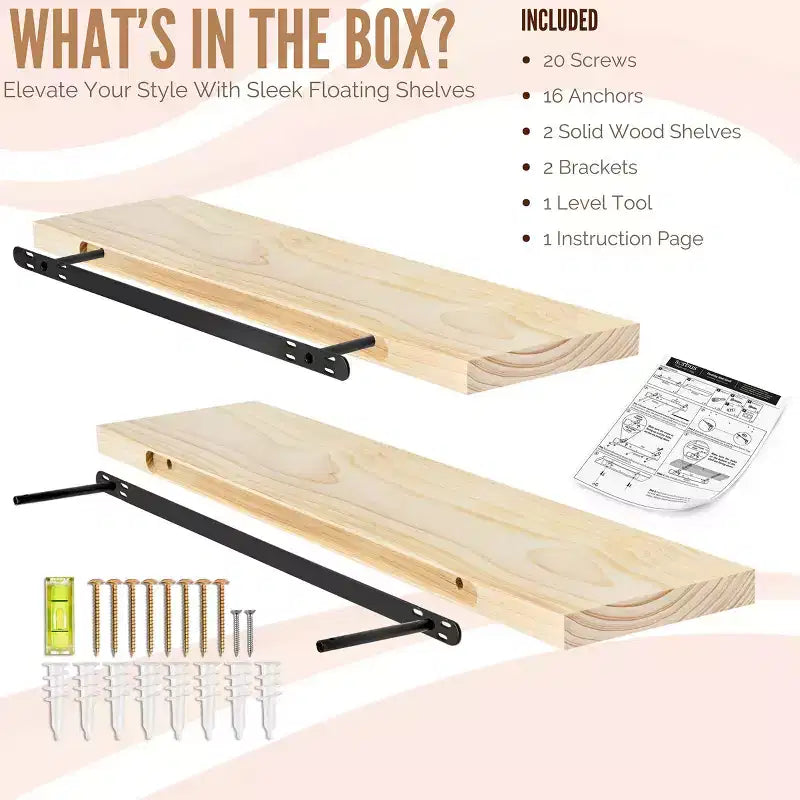 Solid Wood Floating Shelves - for Bathroom Decor, Books, Bedroom & Living Room