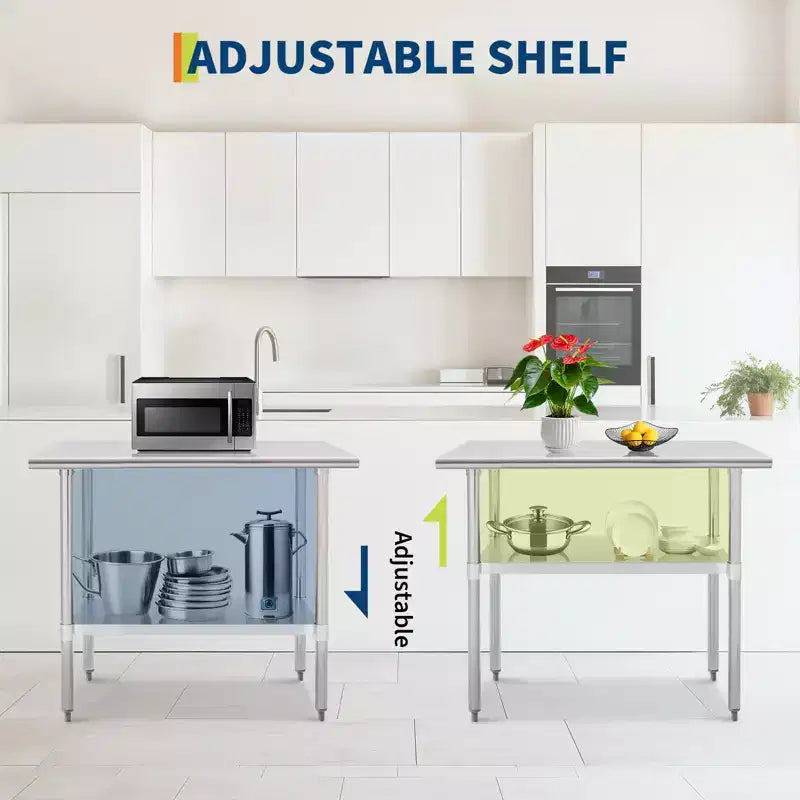 Stainless Steel Table, Heavy-Duty Metal Commercial Prep Table with Open Storage Racks for Restaurant Kitchens, Home, Hotels, Food Preparation