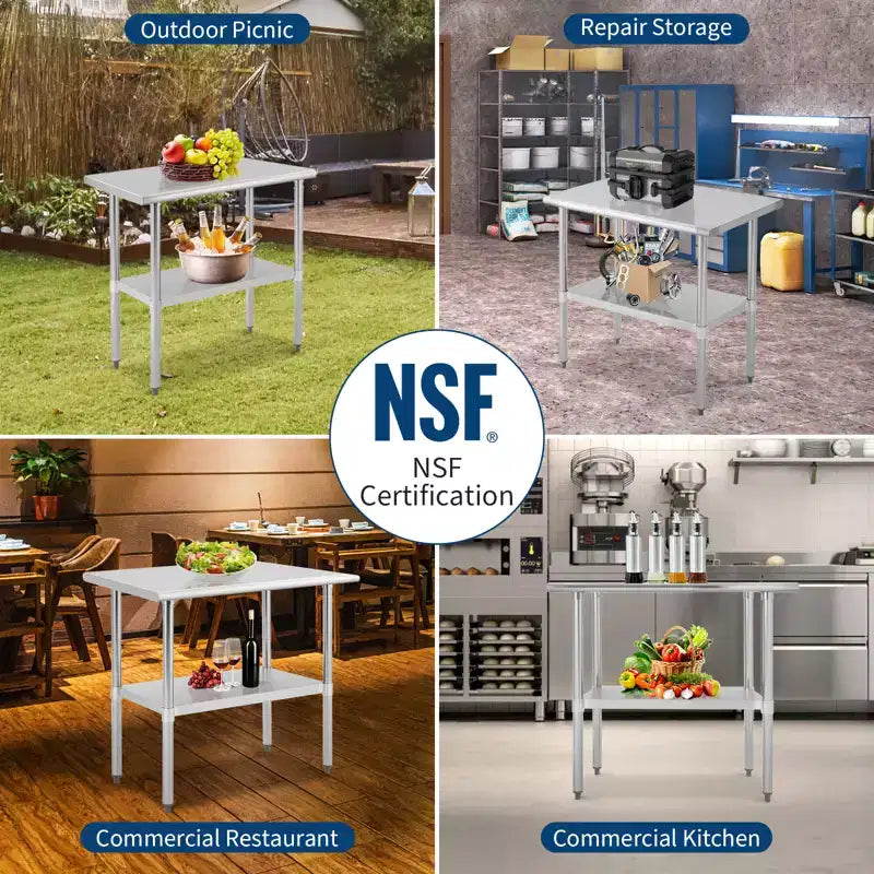 Stainless Steel Table, Heavy-Duty Metal Commercial Prep Table with Open Storage Racks for Restaurant Kitchens, Home, Hotels, Food Preparation