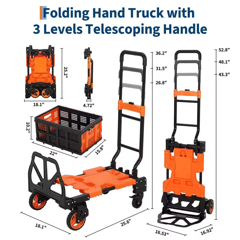 Folding Trolley, Portable Cart with Foldable Basket, 1 Bungee Cord, 4 Wheels and Retractable Handle for Kitchen and Office Use, 330lb Capacity