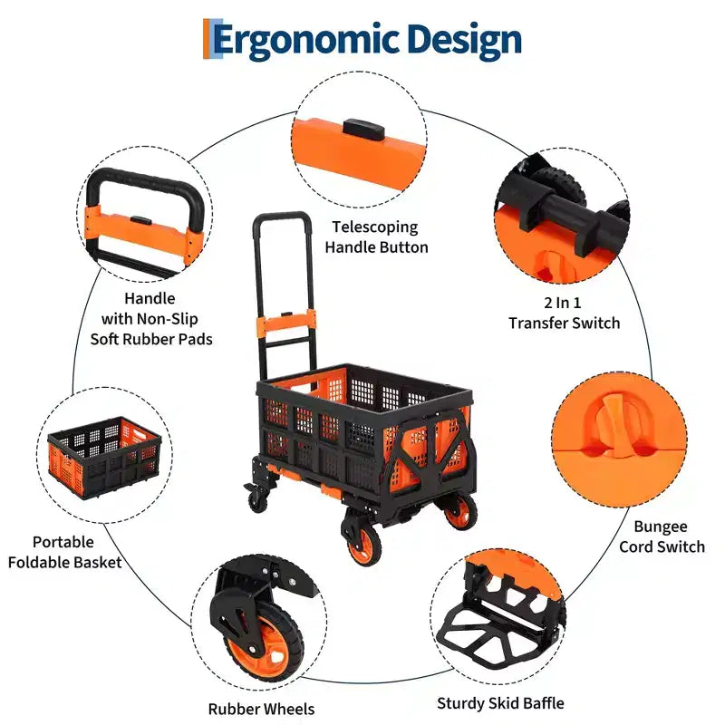Folding Trolley, Portable Cart with Foldable Basket, 1 Bungee Cord, 4 Wheels and Retractable Handle for Kitchen and Office Use, 330lb Capacity