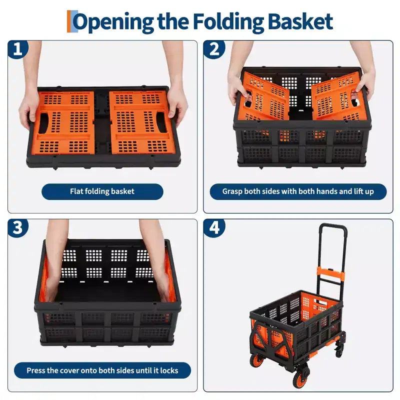 Folding Trolley, Portable Cart with Foldable Basket, 1 Bungee Cord, 4 Wheels and Retractable Handle for Kitchen and Office Use, 330lb Capacity