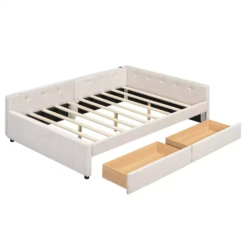 Upholstered Daybed with Storage Drawers, L Shaped Corner Sofa Bed Frame Floor Bed Frame with USB Charging for Teens Adults, Beige