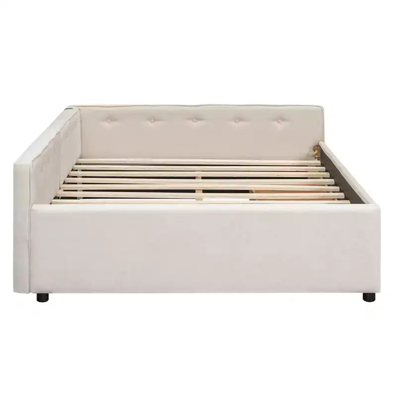 Upholstered Daybed with Storage Drawers, L Shaped Corner Sofa Bed Frame Floor Bed Frame with USB Charging for Teens Adults, Beige