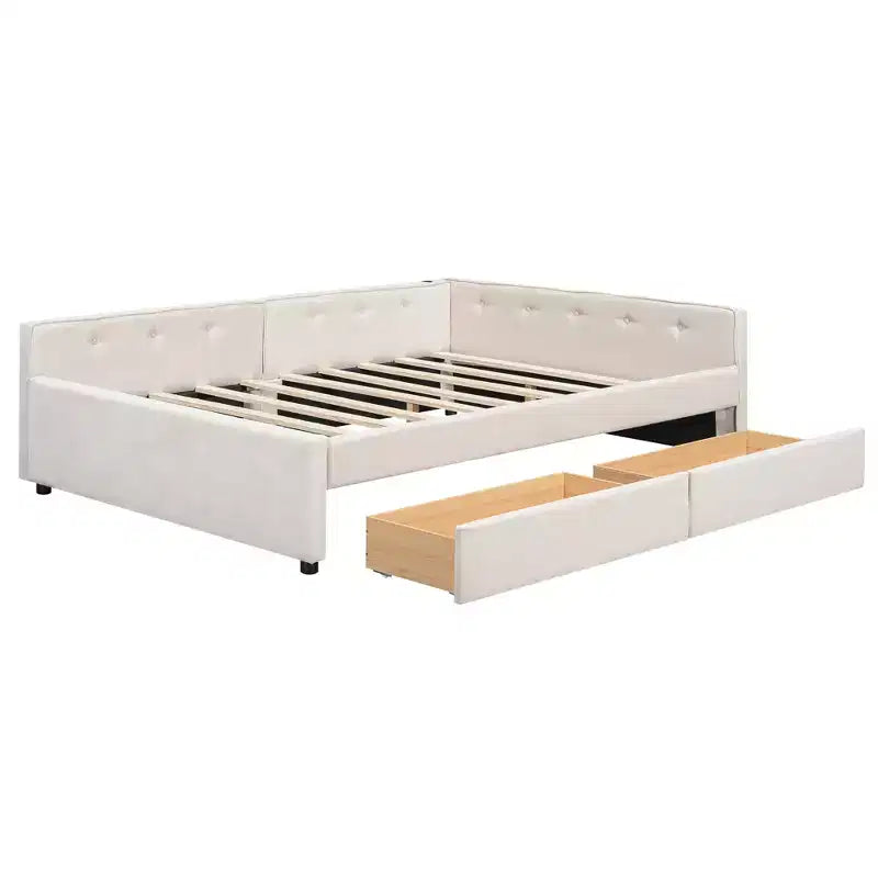 Upholstered Daybed with Storage Drawers, L Shaped Corner Sofa Bed Frame Floor Bed Frame with USB Charging for Teens Adults, Beige