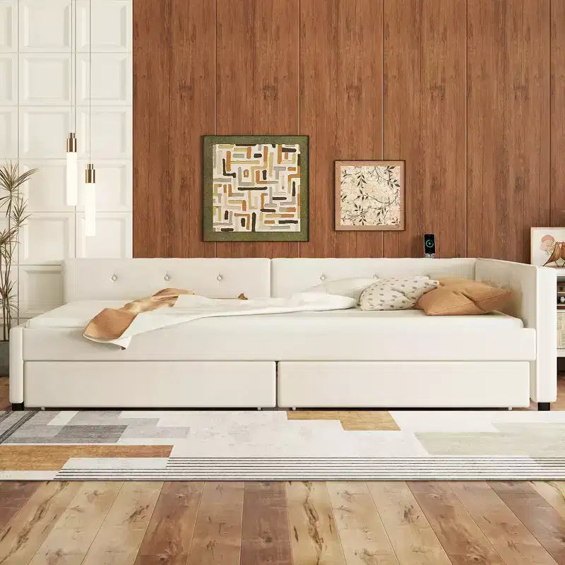 Upholstered Daybed with Storage Drawers, L Shaped Corner Sofa Bed Frame Floor Bed Frame with USB Charging for Teens Adults, Beige