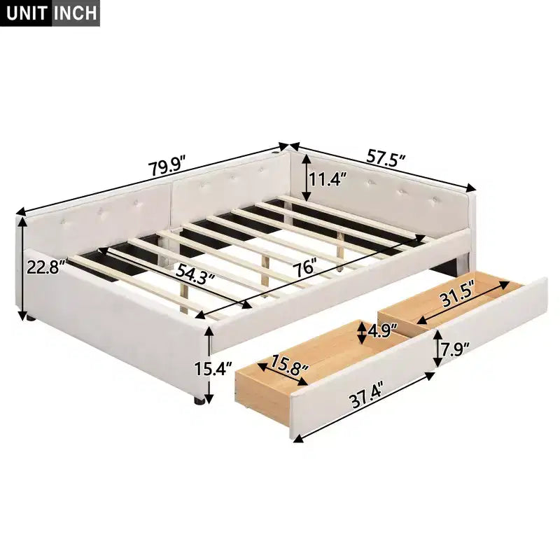 Upholstered Daybed with Storage Drawers, L Shaped Corner Sofa Bed Frame Floor Bed Frame with USB Charging for Teens Adults, Beige