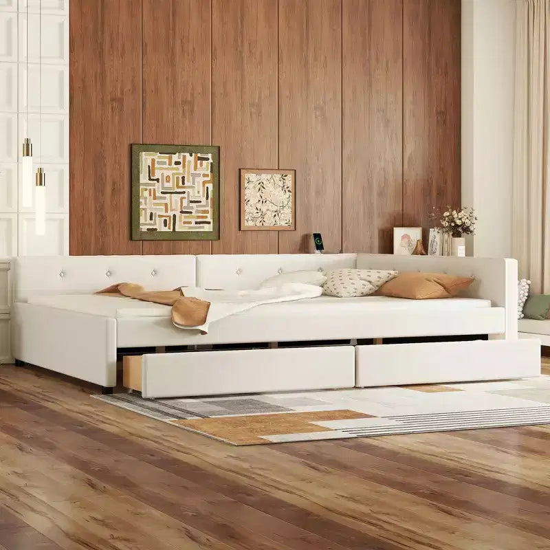 Upholstered Daybed with Storage Drawers, L Shaped Corner Sofa Bed Frame Floor Bed Frame with USB Charging for Teens Adults, Beige